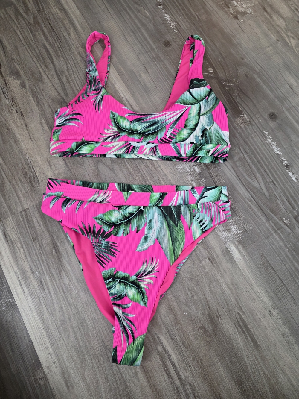 Hot Pink Tropical Leaf Two-Piece Bikini